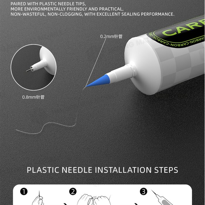 Đầu kim nhựa 0.2 mm và 0.8 mm lắp trên ống keo dán LUOWEI CARBON cùng ba bước lắp kim