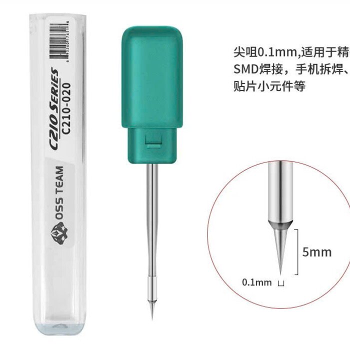 Mũi hàn C210 OSSTEAM C210-020 nhọn thẳng, hình phóng to ghi đầu 0.1mm và dài 5mm