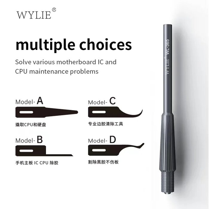Bốn dáng lưỡi A, B, C, D của bộ dao WYLIE WL-365 kèm chú thích việc dùng cho CPU, IC và keo viền