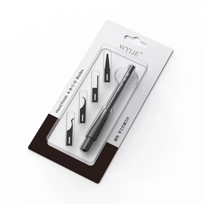 Vỉ đóng gói bộ dao WYLIE WL-365 gồm cán nhôm và 4 lưỡi A, B, C, D xếp trong khay nhựa