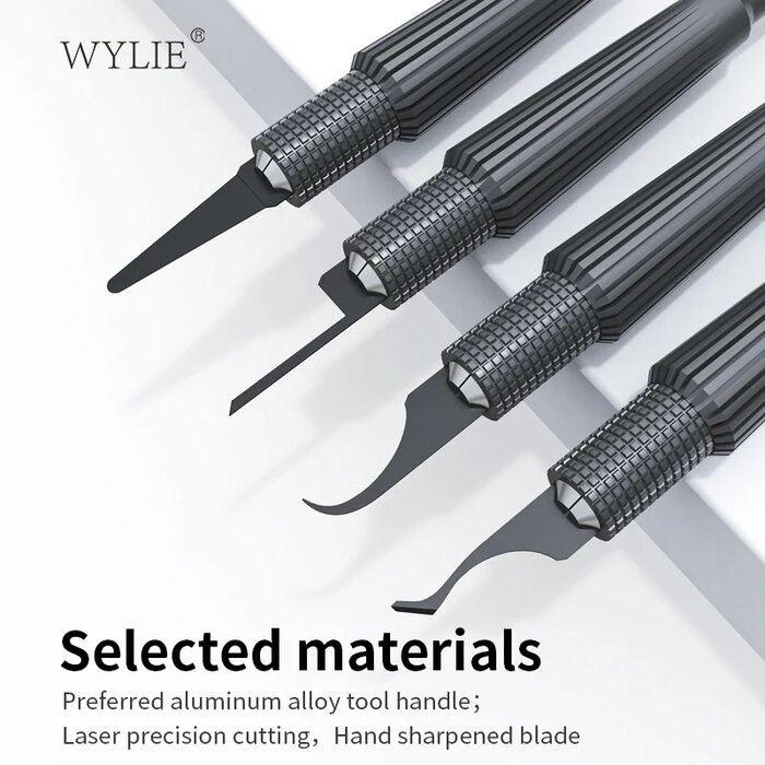 Bốn lưỡi WYLIE WL-365E lắp trên cán nhôm đen để thấy dáng lưỡi nhọn, lưỡi dẹt, lưỡi móc và lưỡi cong