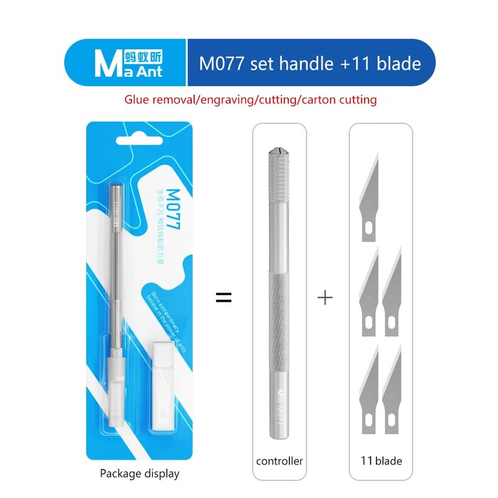 Vỉ đóng gói bộ dao Maant M077 và phần bên trong: một cán nhôm cộng 5 lưỡi số 11