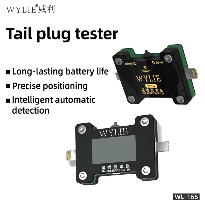 Mặt sau thiết bị WYLIE WL-166 có công tắc NO OFF và hai nút Refresh, mặt trước có màn hình