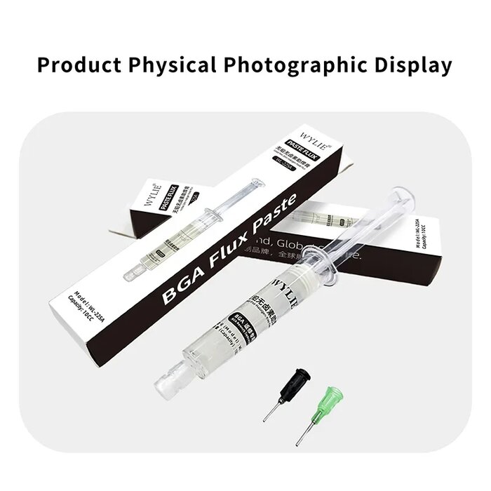 Hộp giấy và ống mỡ hàn WYLIE WL-225A BGA Flux Paste cùng hai đầu kim đen và xanh