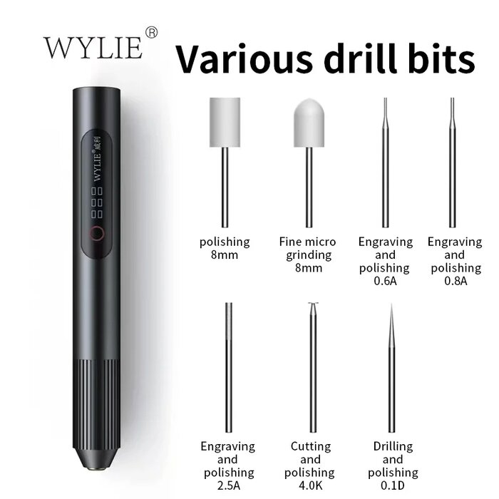 Bảy đầu mài kèm máy mài WYLIE: đánh bóng 8mm, mài tinh 8mm, khắc 0.6A 0.8A 2.5A, cắt 4.0K, khoan 0.1D