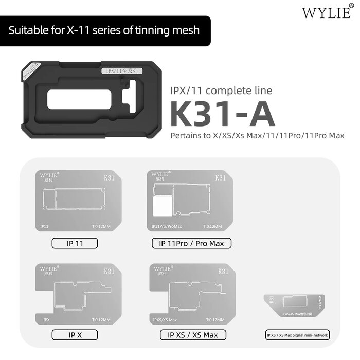 Khuôn K31-A của WYLIE cho iPhone X đến 11 Pro Max và năm vỉ thép dày 0.12 mm kèm theo