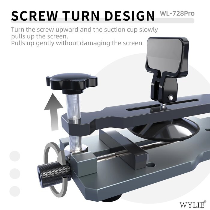 Kẹp WYLIE WL-728Pro: vặn vít tay đòn để giác hút kéo màn hình điện thoại lên từ từ