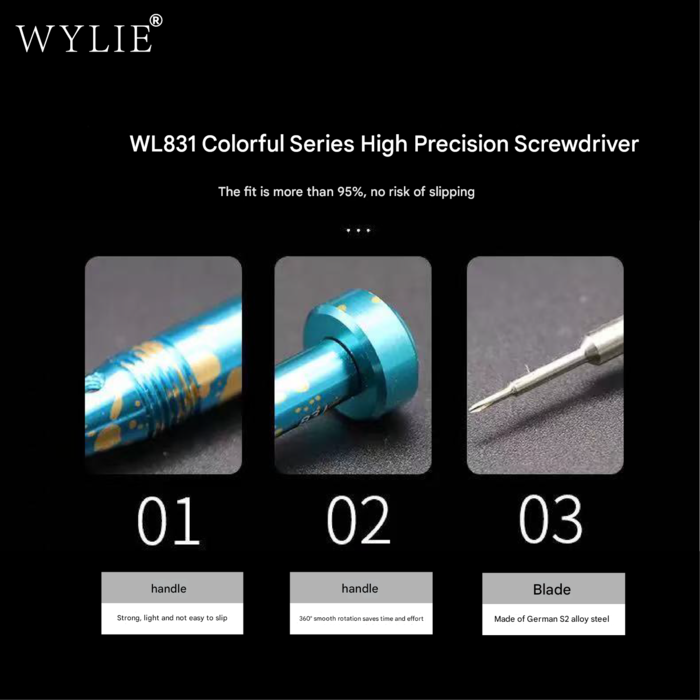 Ba chi tiết của tô vít WYLIE WL-831: thân khía chống trượt, nắp đuôi xoay 360° và lưỡi thép S2