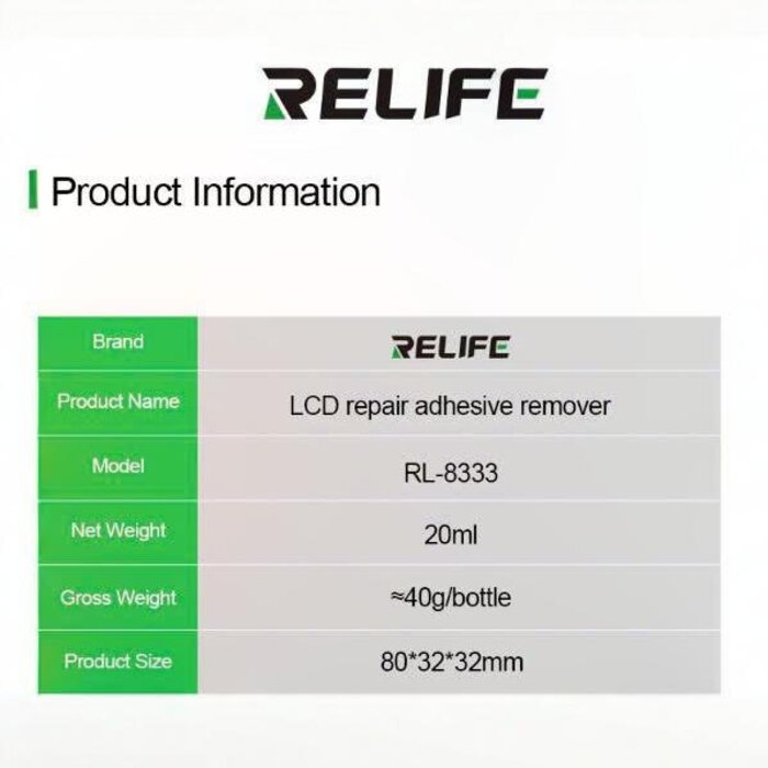 Bảng thông tin sản phẩm RELIFE RL-8333: dung tích 20ml, khối lượng khoảng 40g, kích thước 80 x 32 x 32 mm