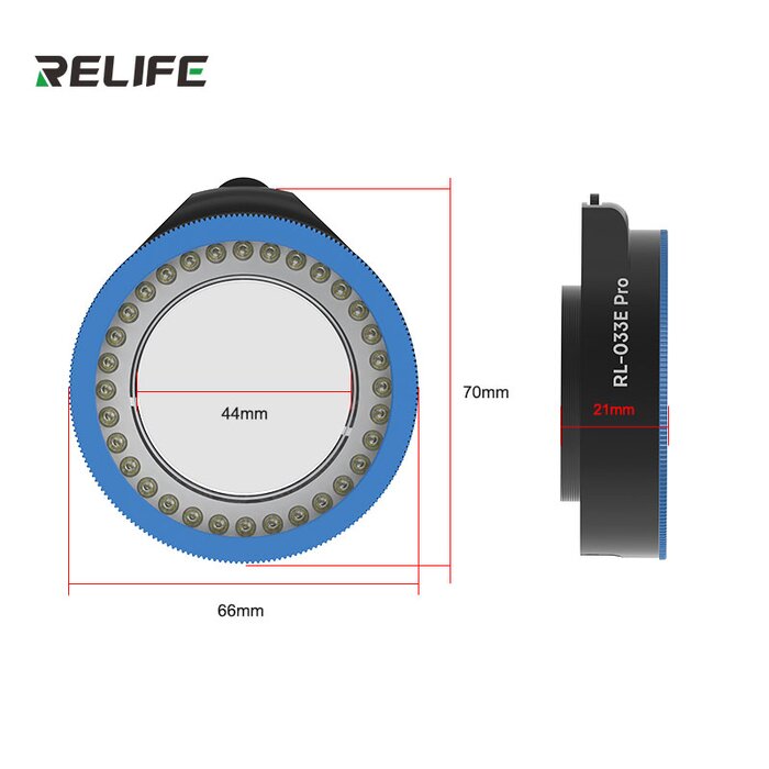 Bản vẽ kích thước đèn kính hiển vi RELIFE RL-033E Pro: ngoài 66 x 70mm, lòng 44mm, dày 21mm