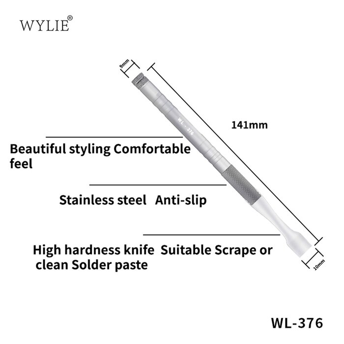Hình kích thước dao WYLIE WL-376 dài 141mm, đầu cán 9mm, bản lưỡi 10mm, thép không gỉ chống trượt