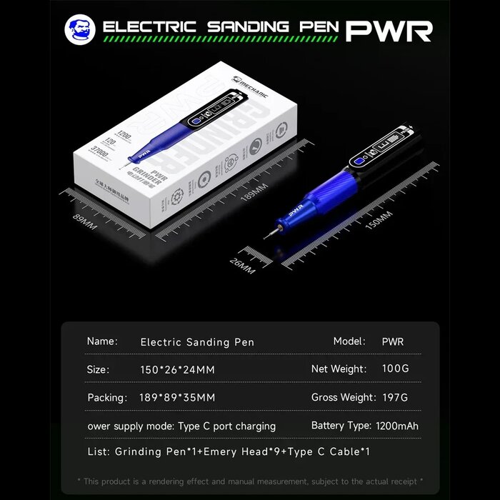 Bảng thông số Mechanic PWR: 150 × 26 × 24 mm, 100g, pin 1200mAh, sạc Type-C, hộp 189 × 89 × 35 mm