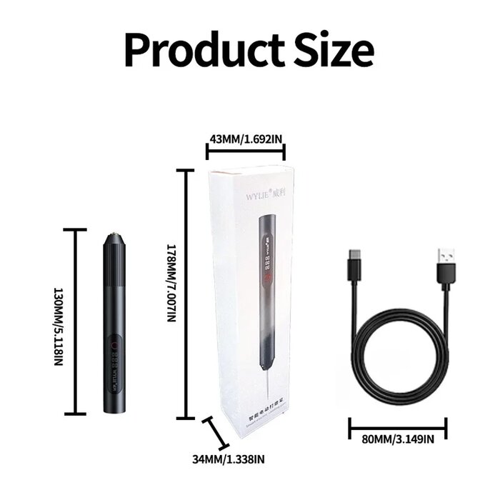 Kích thước máy mài WYLIE: bút dài 130 mm, hộp 178 × 43 × 34 mm, kèm cáp sạc Type-C