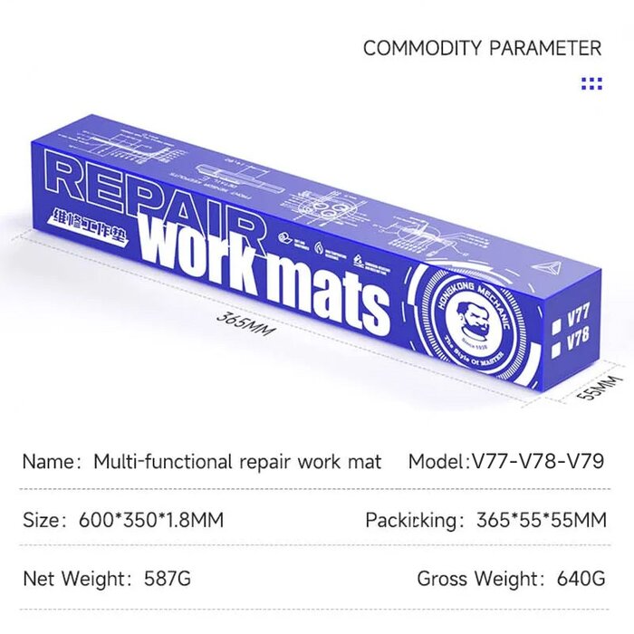 Hộp cuộn thảm MECHANIC V77 V78 V79 và bảng thông số 600 x 350 x 1.8 mm, nặng 587 g