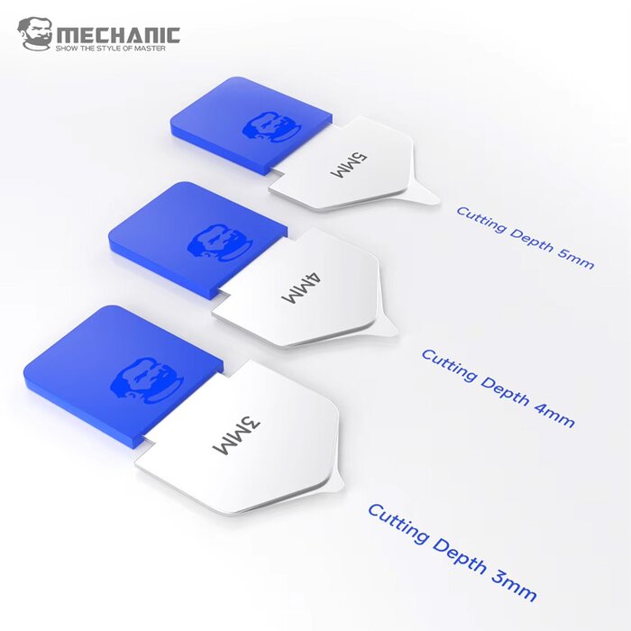 Ba lưỡi tách màn MECHANIC S300 xếp cạnh nhau ghi độ sâu cắt 3mm, 4mm và 5mm