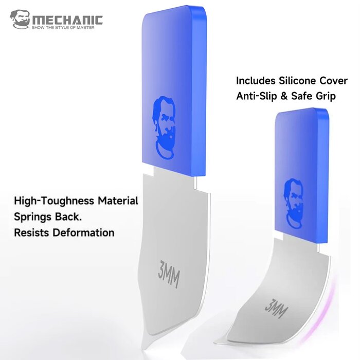 Lưỡi 3mm của bộ tách màn MECHANIC S300 uốn cong cho thấy thép đàn hồi và bọc silicone
