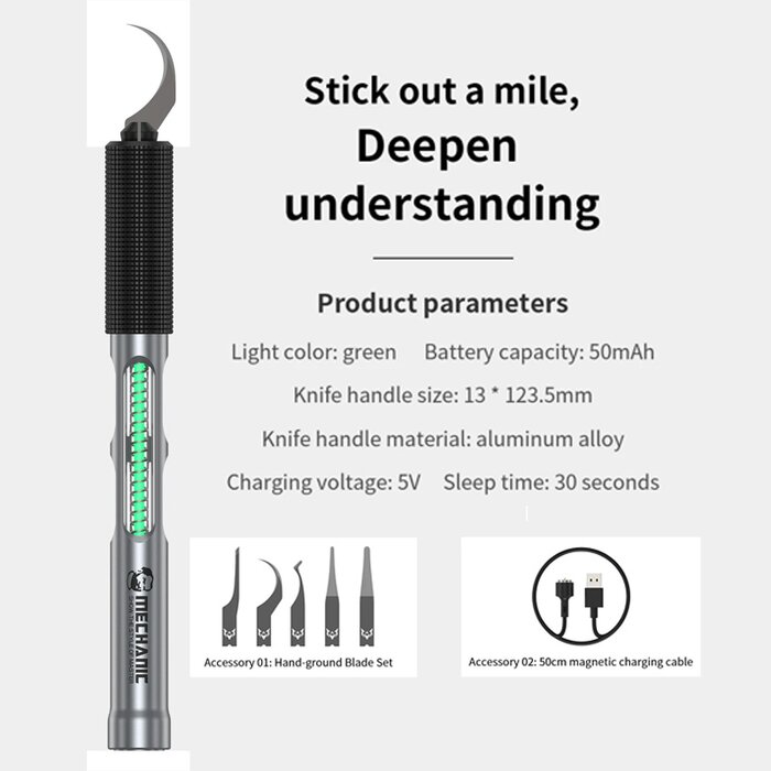 Bảng thông số MECHANIC JONE: đèn xanh, pin 50 mAh, cán nhôm 13 × 123.5 mm, sạc 5V, ngủ sau 30 giây, kèm lưỡi và cáp 50 cm