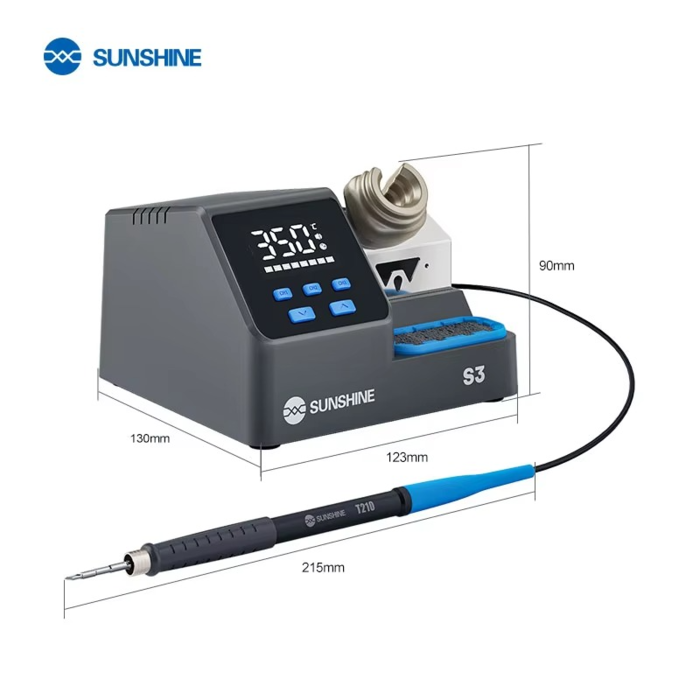 Kích thước máy hàn SUNSHINE S3: rộng 123mm, sâu 130mm, cao 90mm, tay hàn T210 dài 215mm