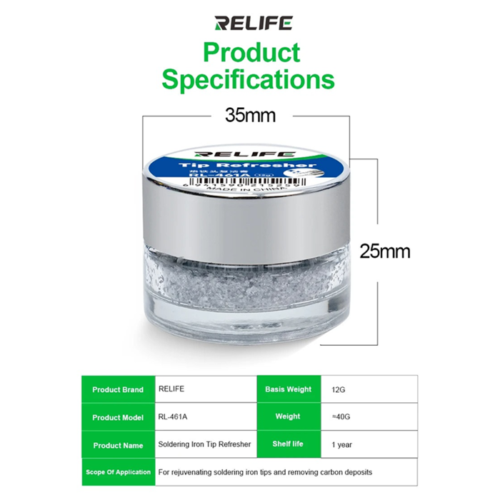 Bảng thông số lọ RELIFE RL-461A: đường kính 35mm, cao 25mm, 12g, hạn dùng 1 năm