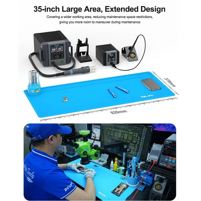 Cao su chịu nhiệt RELIFE RL-004DQ trải trên bàn với trạm hàn, máy khò, bộ tô vít và điện thoại đặt lên trên