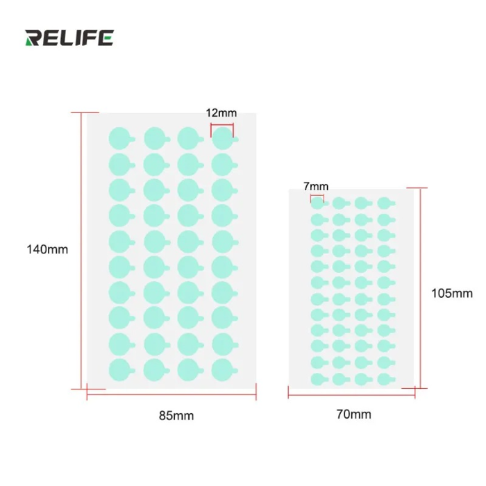 Bảng kích thước tờ miếng dán camera RELIFE HO2: tờ 12mm cỡ 140 x 85 mm và tờ 7mm cỡ 105 x 70 mm
