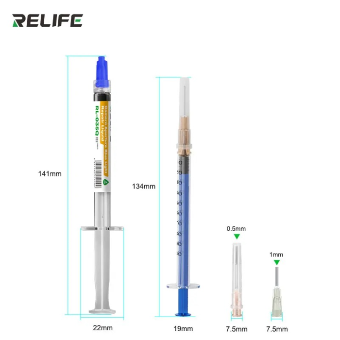Bản vẽ kích thước bộ RELIFE RL-035Q: tuýp 141 mm, xi lanh 134 mm, đầu kim 0.5 mm và 1 mm