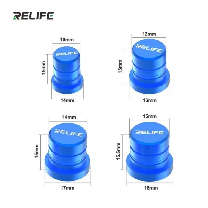 Bản vẽ kích thước bốn nắp RELIFE RL-099: đỉnh 10 đến 15 mm, đáy 14 đến 18 mm, cao 15 mm