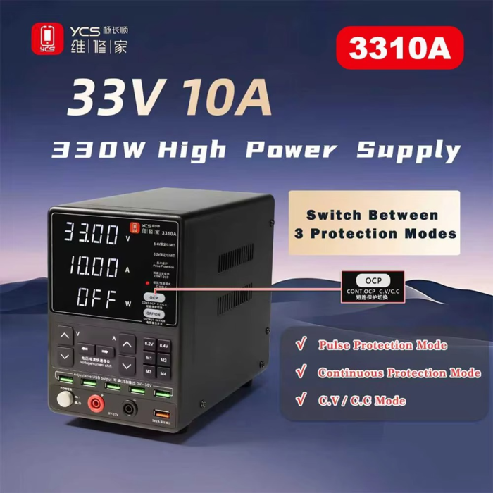 Máy cấp nguồn YCS 3310A 33V 10A 330W độ gợn sóng thấp, an toàn với 3 chế độ bảo vệ
