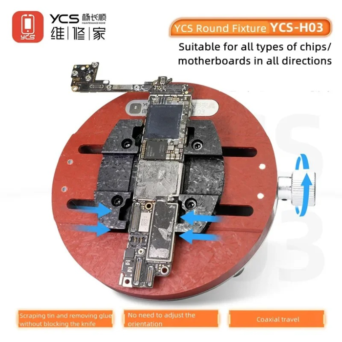 Kẹp main YCS-H03 dạng tròn bốn má kẹp đồng trục đang giữ main iPhone, núm vặn bên phải