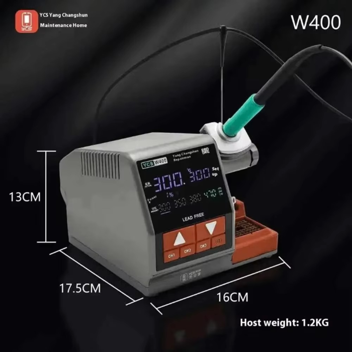 Kích thước máy hàn YCS W400 cao 13 cm, sâu 17,5 cm, rộng 16 cm, thân máy nặng 1,2 kg