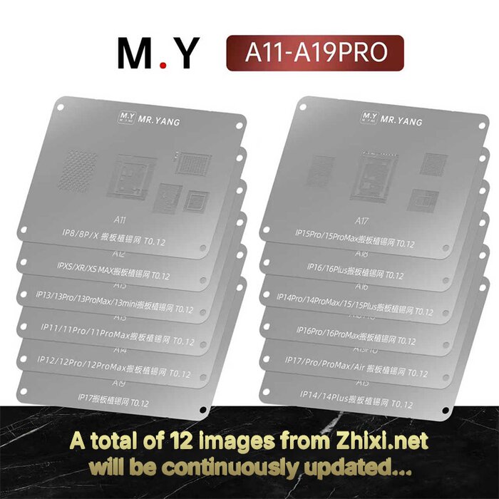 12 vỉ làm chân trong bộ YCS M.Y, mỗi vỉ ghi mã chip từ A11 đến A19 Pro và đời iPhone tương ứng