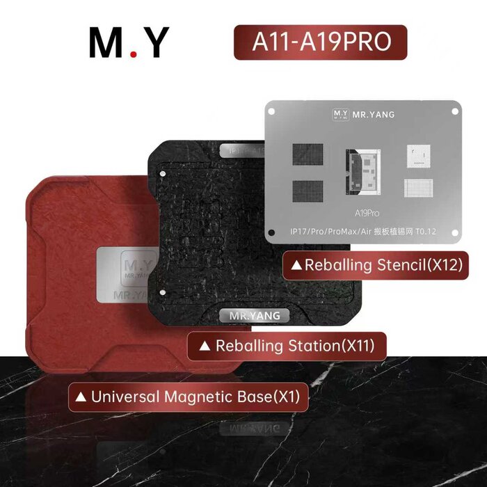 Thành phần bộ làm chân CPU YCS M.Y: 12 vỉ làm chân, 11 đế định vị và 1 đế nam châm cho iPhone A11 đến A19 Pro
