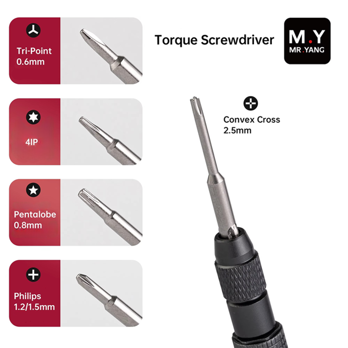 Năm mũi của tô vít M.Y-TX01: Tri-Point 0.6 mm, Torx Plus 4IP, Pentalobe 0.8 mm, Phillips 1.2/1.5 mm và Convex Cross 2.5 mm