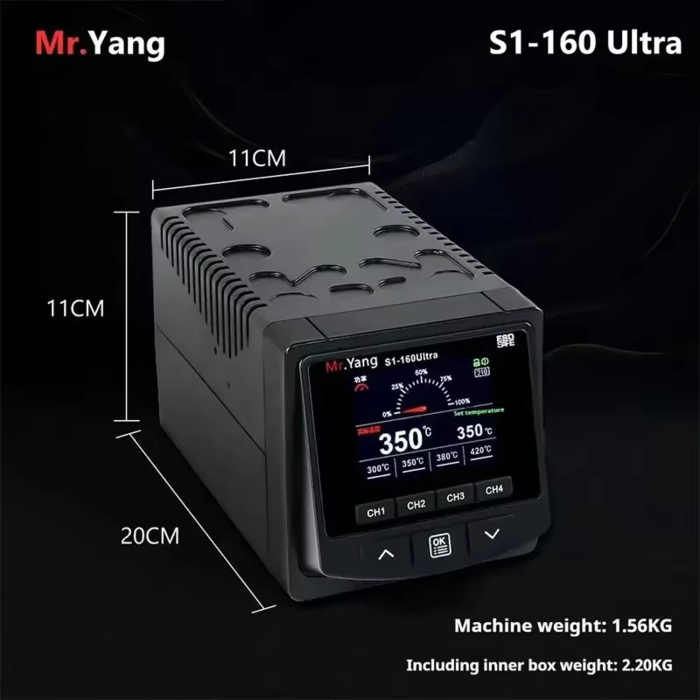 Kích thước máy hàn MR.YANG S1-160 ULTRA 11 × 11 × 20 cm, nặng 1.56 kg, màn hình 4 kênh nhớ nhiệt