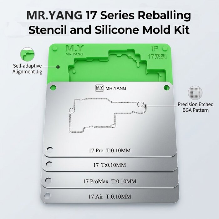 Khuôn silicone xanh series 17 của bộ M.Y và bốn vỉ thép 17, 17 Pro, 17 Pro Max, 17 Air dày 0.10 mm