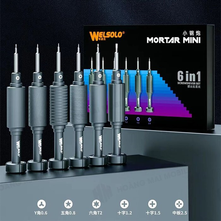 Hình ảnh đầy đủ Bộ tô vít WELSOLO MORTAR MINI 6 in 1 kèm hộp đựng sang trọng.