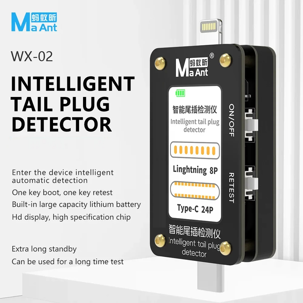 Thiết Bị Tự Động Phát Hiện Lỗi Chân Sạc iPhone MAANT WX-02 với màn hình hiển thị chi tiết