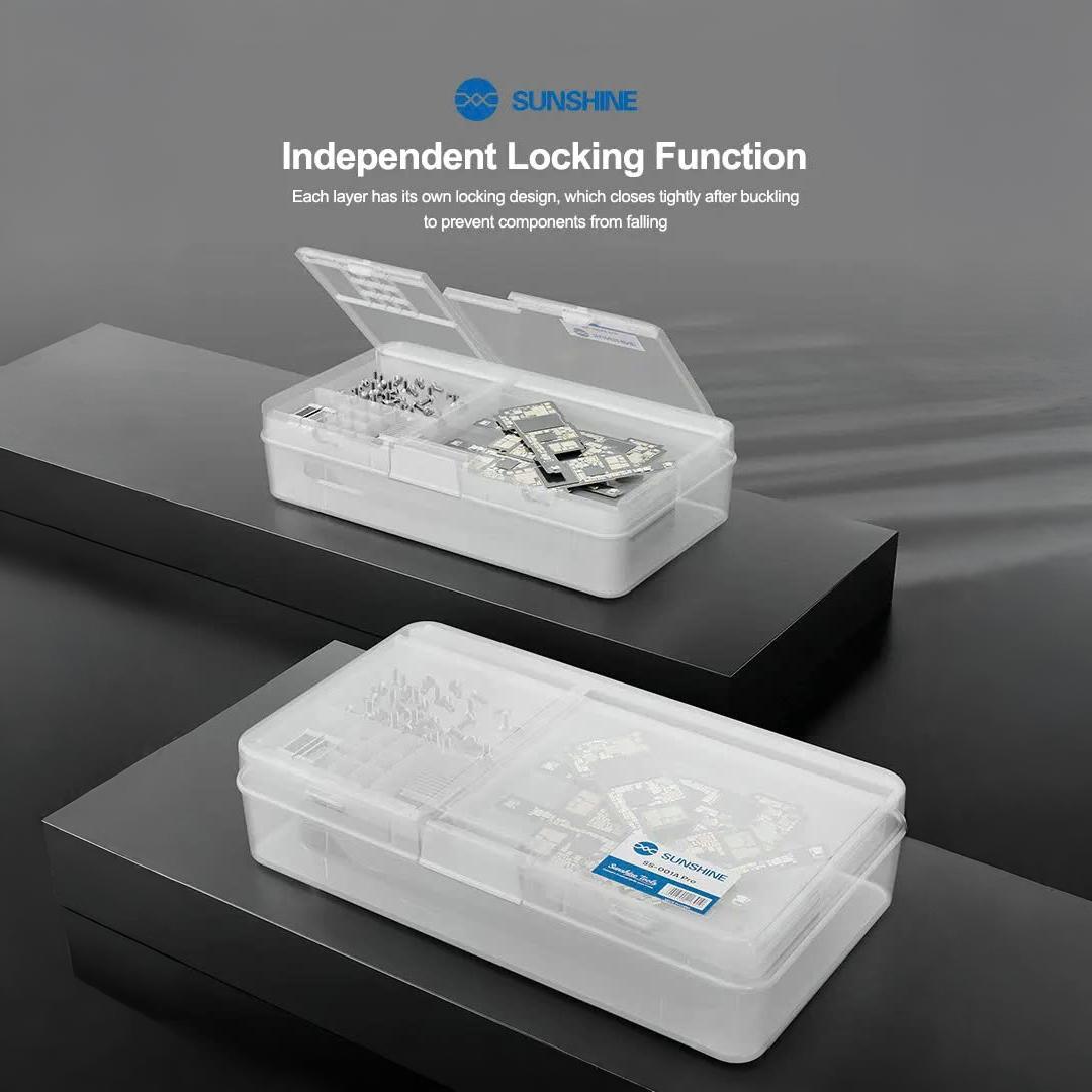 Bên trong hộp nhựa SUNSHINE SS-001A Pro với các ngăn chứa linh kiện sắp xếp ngăn nắp.