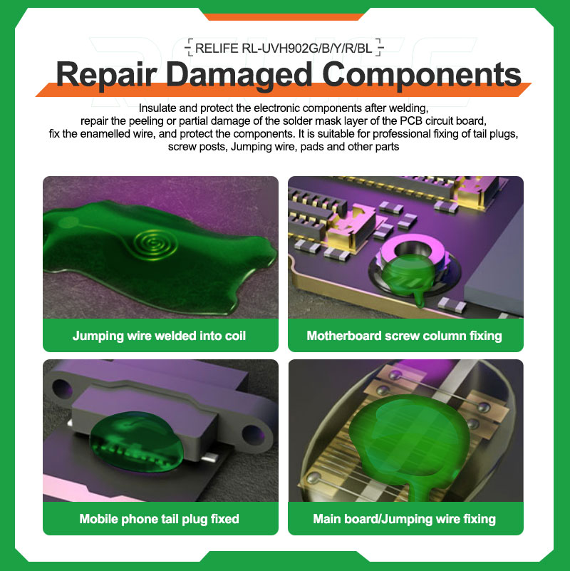 Keo UV RELIFE RL-UVH902 đang được sử dụng để sửa chữa bo mạch điện thoại.