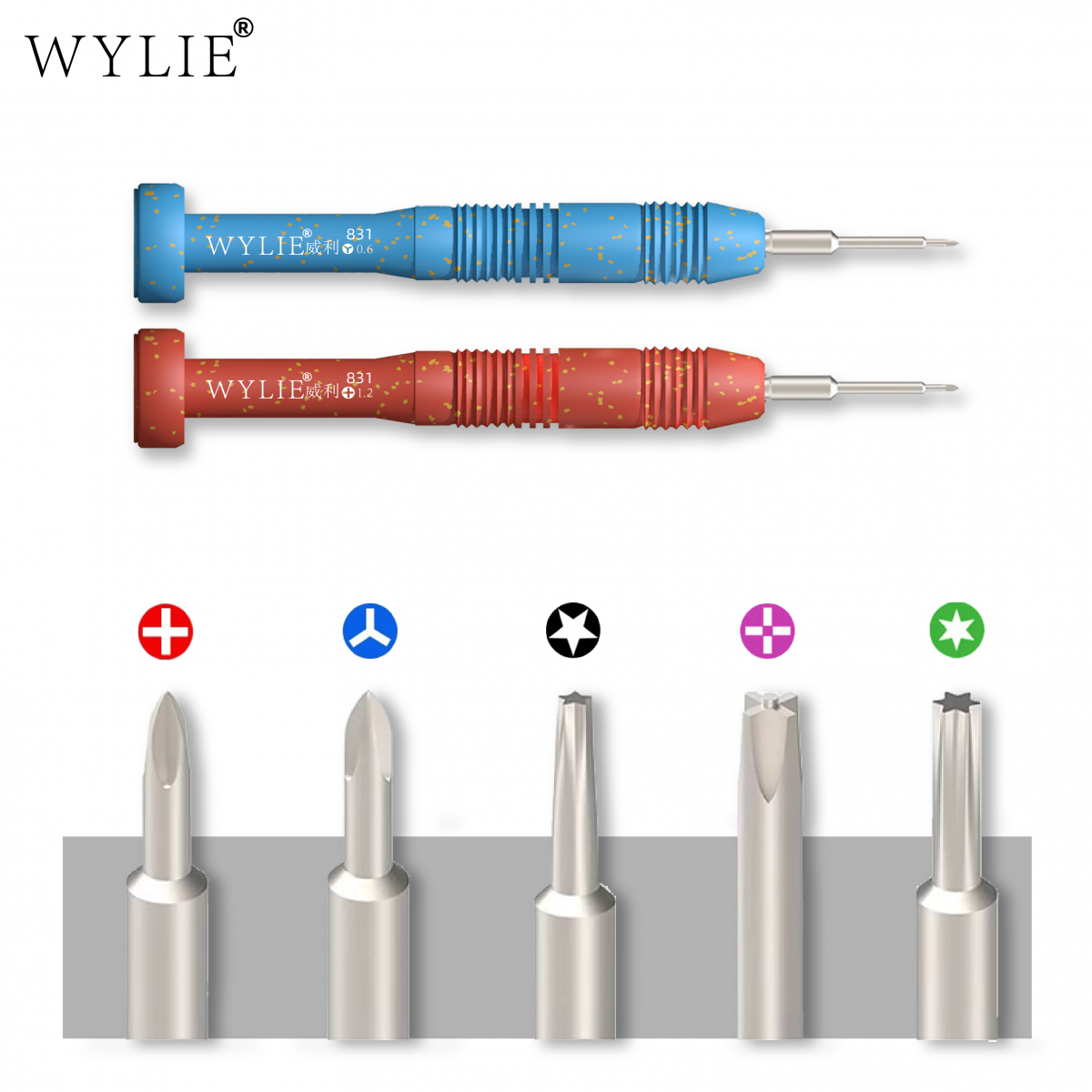 Các đầu tô vít trong bộ Wylie WL-831, bao gồm nhiều kích cỡ và kiểu dáng khác nhau.