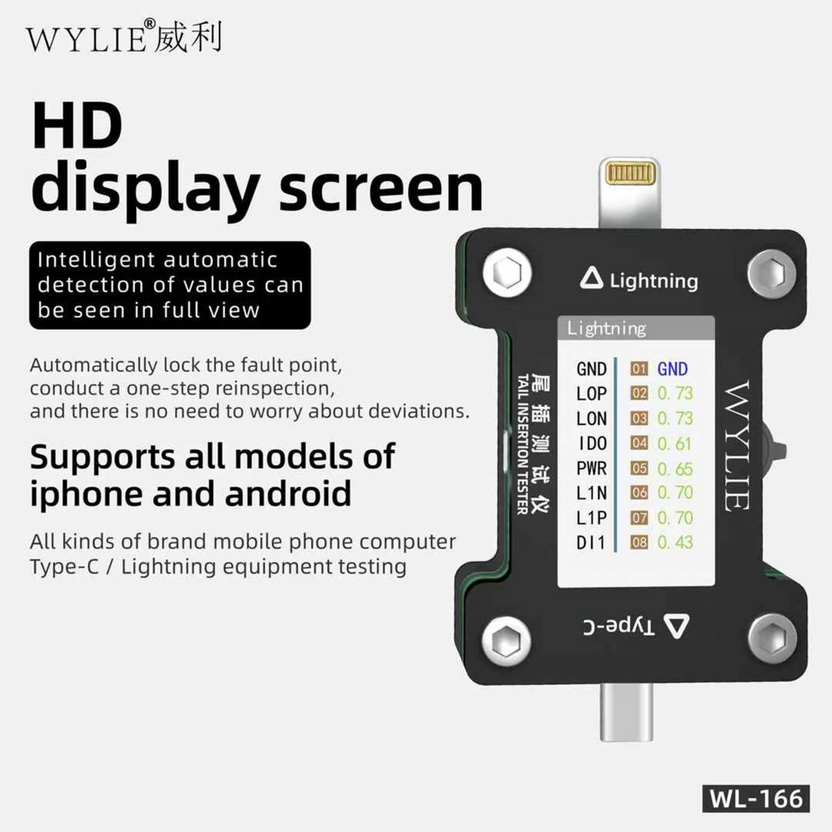 Thiết bị kiểm tra chân sạc WYLIE WL-166 với màn hình hiển thị HD.