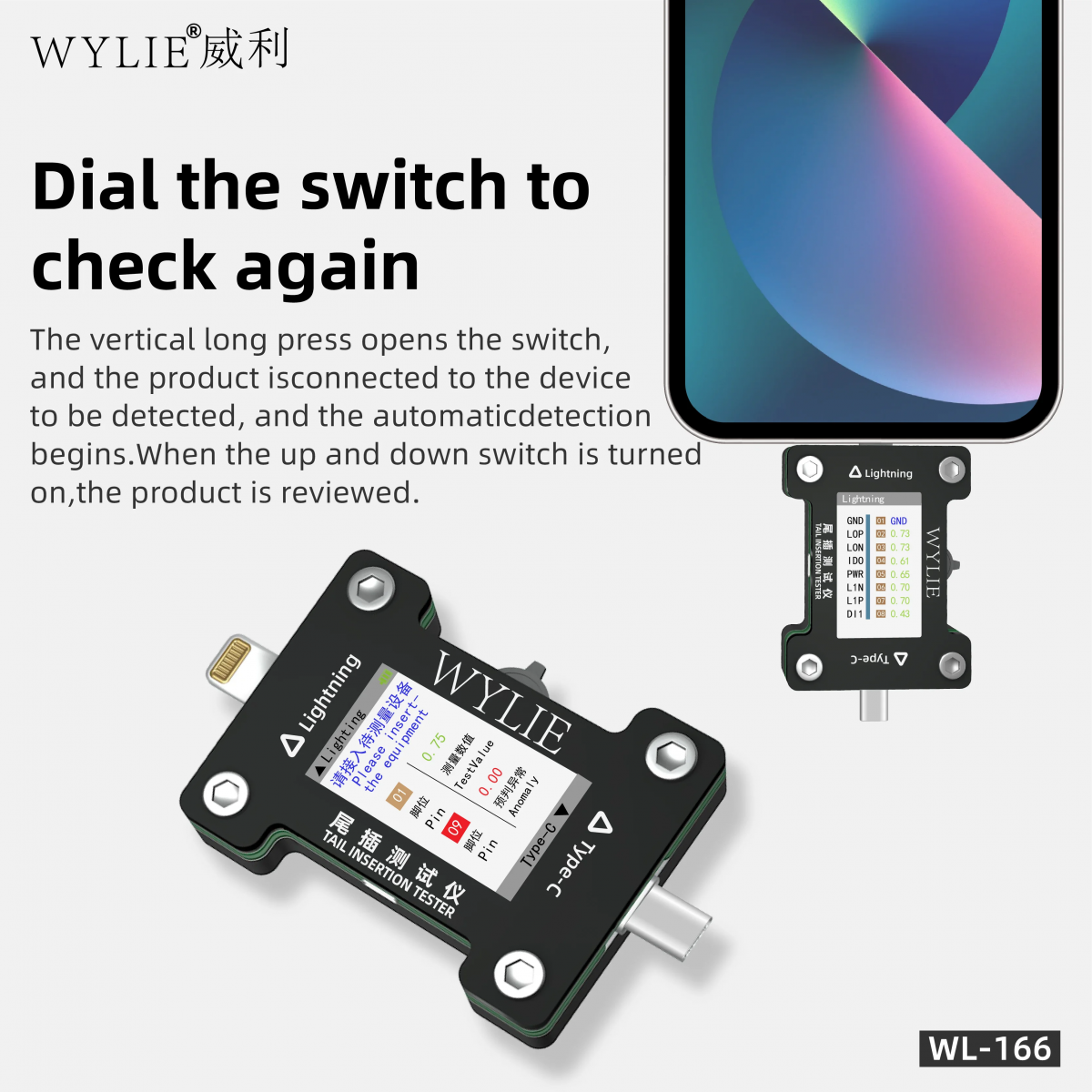 Người thợ đang kiểm tra chân sạc của điện thoại bằng WYLIE WL-166.