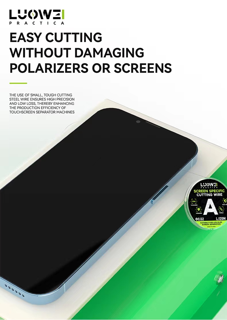 Hình ảnh Dây cắt kính LUOWEI đang sử dụng trong máy tách màn hình điện thoại.