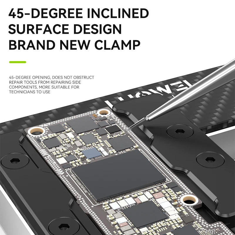 Hình ảnh Kẹp Main LUOWEI LW-AP01 Carbon Fiber đang cố định mainboard trong quá trình hàn chip.