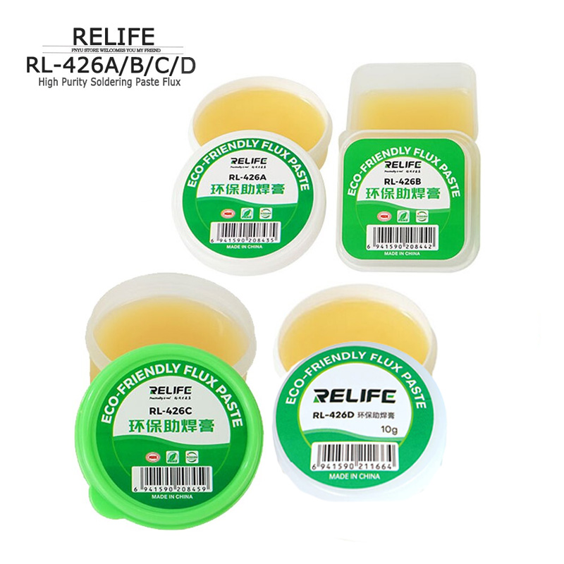 Hình ảnh các model mỡ hàn RELIFE RL-426 với thiết kế hộp kín, sẵn sàng hỗ trợ hàn linh kiện.