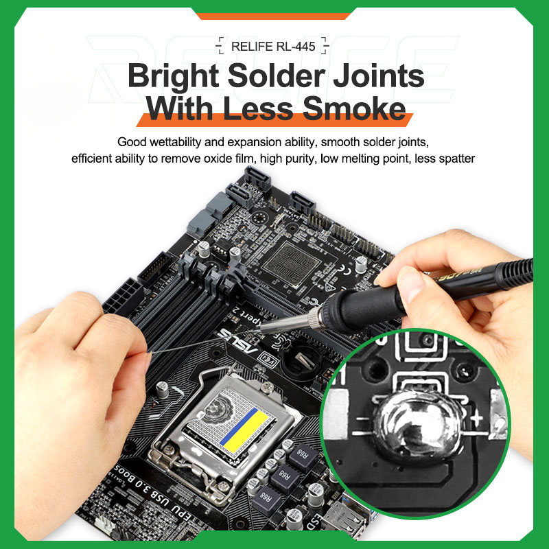 Ưu điểm thiếc hàn RELIFE RL-445 mối hàn sáng ít khói không chì