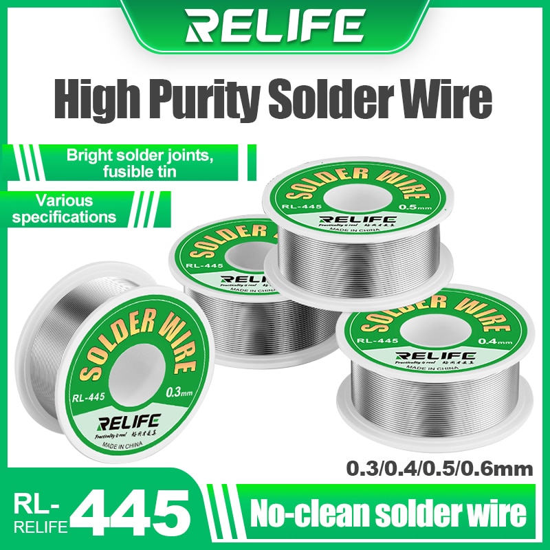 Hình ảnh cuộn thiếc RELIFE RL-445 với lõi rosin, sẵn sàng cho hàn linh kiện.