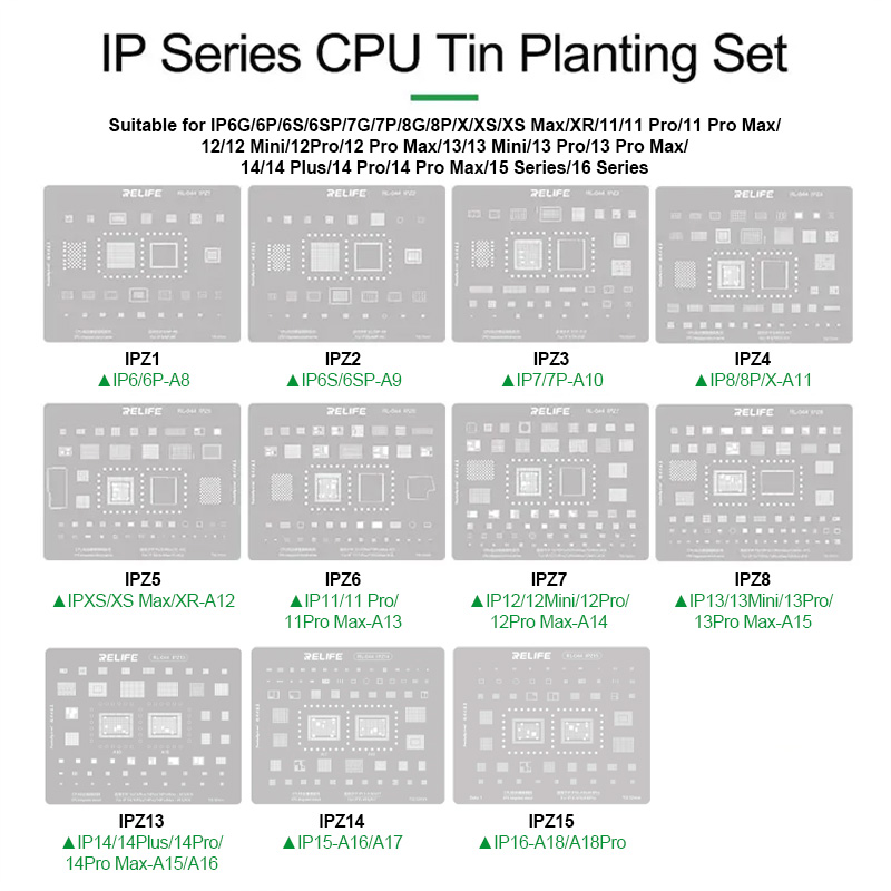 Vỉ làm chân RELIFE RL-044 lưới thép CPU iPhone 6G đến 16 Pro Max chính hãng