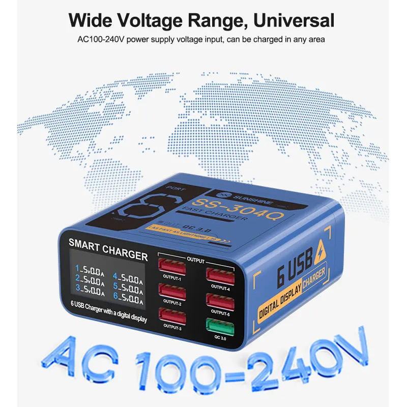 Hình ảnh tổng quan bộ sạc SUNSHINE SS-304Q với 6 cổng USB và màn hình LED.