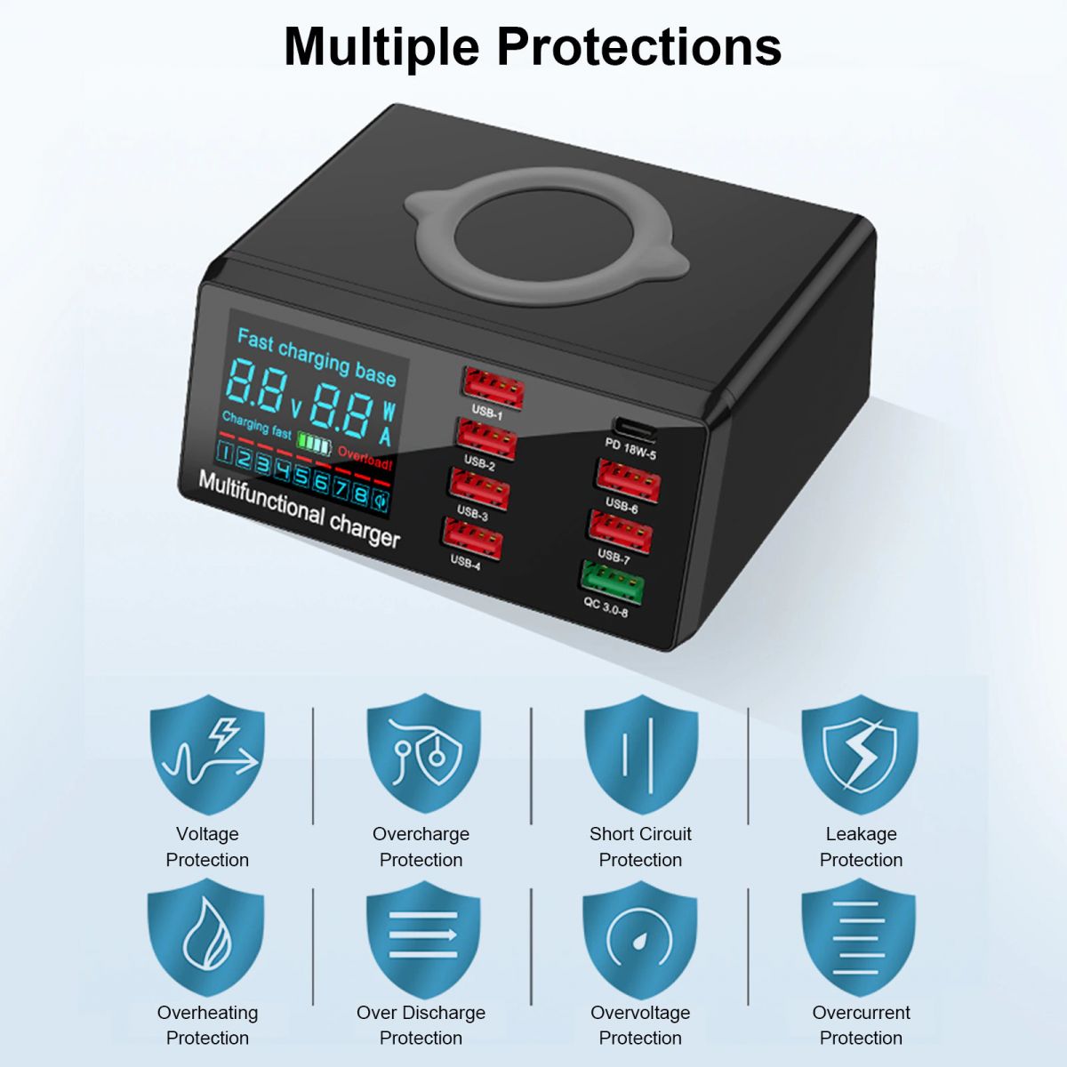 Sạc báo dòng X9 100W 8 cổng USB + sạc không dây 10W